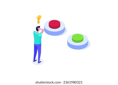 Difficulty choice between two options concept.  Isometric vector illustrations for banner, website, landing page, flyer.