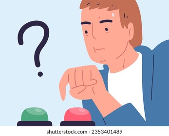 Difficulty choosing. Concerned person select button push, choice between two or 2 decisions, sceptic doubt people thinking dilemma question life control vector illustration of concern and difficulty