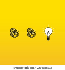 Difficulty to create and light bulb on to provide a solution. Brainstorming. Concept of creativity and solution, leader who stands out.
