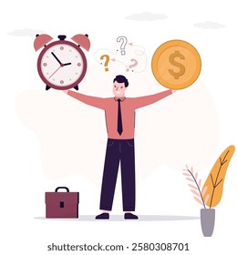 Difficulty decision, time or profit, balancing save time or earning money choice. Time value of money. Money management. Businessman thinking about work efficiency, productivity. vector illustration