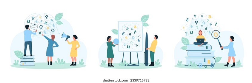 Difficulty in learning, dyslexia and dysgraphia disorder set vector illustration. Cartoon tiny people study chaos of letters in cloud, support in problem of understanding, reading and writing