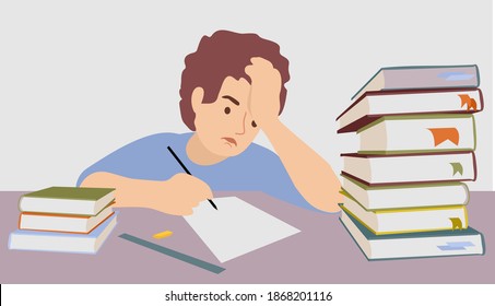 Difficulty learning from a teenager. Difficulties in study. The tired child doesn't want to study. Education vector concept: student need help to do homework at home