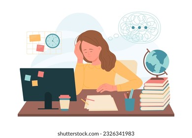 Difficulty in learning and work vector illustration. Cartoon sad tired girl sitting at computer desk with books and confusion of thoughts over head, student suffering ADHD problem, distracted focus