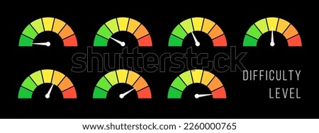 Difficulty level meter set. Difficulty meters or gauges for your project. Isolated vector illustration set.