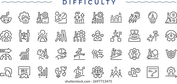 Conjunto de iconos de línea de dificultad. Iconos mínimos de moda. Paquete de desarrollo, logro, desafío, éxito, objetivo. Ilustración vectorial editable. Colección de iconos lineales de examen.