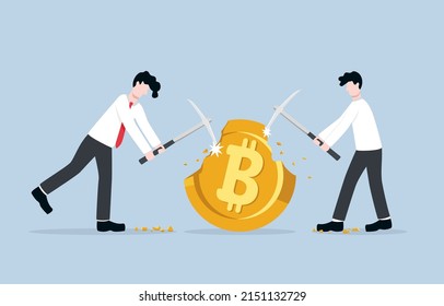 Difficulty of mining bitcoin, higher blockchain competition between miners causing the less chances of earning bitcoins concept. Businessman investors competing to mine big bitcoin. 