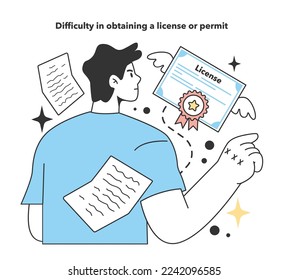 Difficulty in obtaining a license or permit. Frustrating and irritating factor about starting and developing a small, local business. Potential failure and difficulties. Flat Vector Illustration