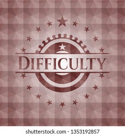Difficulty red emblem or badge with abstract geometric pattern background. Seamless.