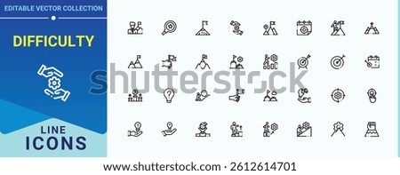 Difficulty simple icon set. Containing work, development, target, exam, performance, achievement. Challenge icon collection. Minimalist linear icons. Vector illustration.