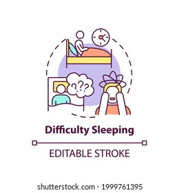 Difficulty sleeping concept icon. Lose sleep idea thin line illustration. Stress, anxiety and depression. Physical and emotional health. Vector isolated outline RGB color drawing. Editable stroke