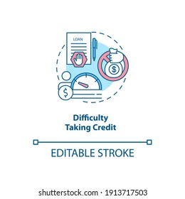 Difficulty taking credit concept icon. Denied loan. Problem acquiring mortgage. Financial crisis. Bankruptcy idea thin line illustration. Vector isolated outline RGB color drawing. Editable stroke
