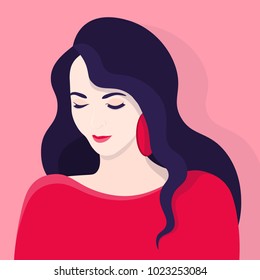 Diffidence. Shy girl. Embarrassment. Female portrait. Vector illustration