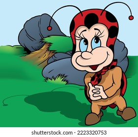 Diffident Ladybug with Intertwined Fingers Standing on the Ground - Colored Cartoon Illustration with Background, Vector