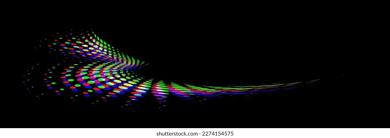 Diffraction shift of a polka dot halftone corner frame. Perforated outline on a black background. Vector.