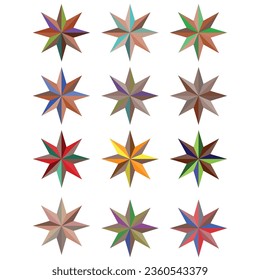 Diffrent Colorful stars set: Vector assets for Christmas stars, festival celebrations, web or game design, and app icons. Vector template isolated on a white background.