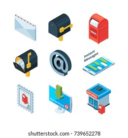 Diffrent Postal Symbols. Isometric Pictures Of Mailbox, Latters And Email Sign. Vector Illustration