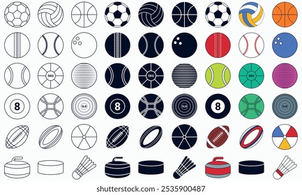 Diffrent Sports Ball Icons set vector, Line ,glyph and Cartoon style sport ball set.