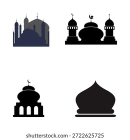 Diferente Ilustración vectorial de la silueta de una mezquita. El gráfico negro presenta múltiples cúpulas y altos minaretes rematados con lunas crecientes sobre fondo blanco. 