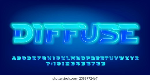 Tipo de letra difuso del alfabeto. Letras y números de neón azul con efecto de velocidad. Tipo vectorial de material para su diseño.