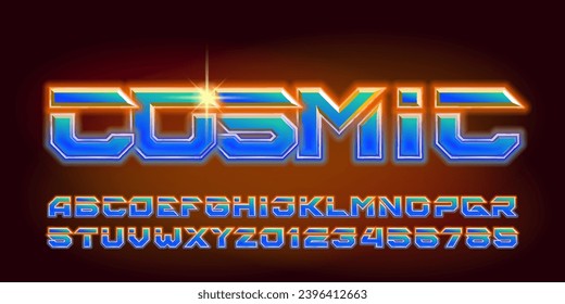 Diffuse Schriftart des Alphabets. Blaue Neonbuchstaben und -ziffern mit einem Geschwindigkeitseffekt. Abstrakter polygonaler Hintergrund. Stock-Vektorgrafik für Ihr Design.