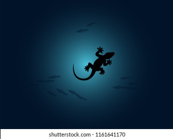 Diffuse Gecko Silhouette Shadow Vector flat illustration. Lizard Gecko or Chameleon walking on water with fishes. Isolated.