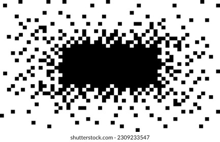 diffused black pixel from the center. abstract black rectangle geometric isolated on white background. random order.