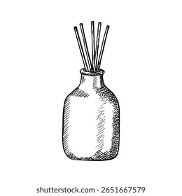Difusor com aroma varas esboço desenho. Fragrância caseira com óleos essenciais - ilustração de esboço desenhado à mão. Aromaterapia, spa, conceito de meditação. Clipart de arte de linha vetorial