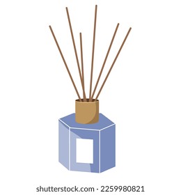 Frasco de difusor. Fragrancia casera con perfume líquido y palos de madera. Difusor aromático con ilustración vectorial de casquillo dorado aislado en fondo blanco