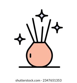Diffuser with chopsticks. Fragrances at home, for living room, bathroom. Legend, a simple drawing of a jar. Spreading a pleasant scent. Vector illustration in simple style