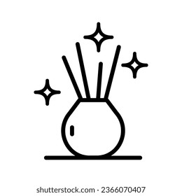 Diffuser with chopsticks. Fragrances at home, for living room, bathroom. Legend, a simple drawing of a jar. Spreading a pleasant scent. Vector illustration in outline style