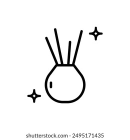 Diffuser with chopsticks. Fragrances at home, for living room, bathroom. Legend, a simple drawing of a jar. Spreading a pleasant scent. Vector illustration in outline style