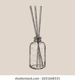 Frasco de vidro difusor com aroma varas esboço ilustração. Fragrância caseira com óleos essenciais para aromaterapia, spa, meditação. Ilustração de contorno desenhada à mão. Clipart de arte de linha vetorial