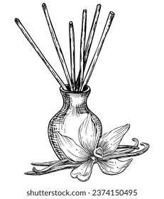 Diffuser mit Vanilla Blumen und Sticks. Handgezeichnete Vektorgrafik auf weißem, isoliertem Hintergrund. Lineare Zeichnung der Auffrischung für Duft- und Aromatherapie. Grundparfüm-Skizze für das Zuhause