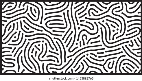 Diffusion reaction vector pattern. Black and white organic, biological shapes. Reaction–diffusion patterns are physical phenomena found in biology, geology and physics (neutron diffusion theory).