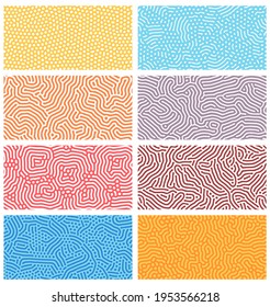 Diffusion seamless patterns. Modern bio organic Turing design with abstract stipple, dots and lines. Geometric ornament vector textures set. Rounded colorful lines. Structure of natural cells, maze