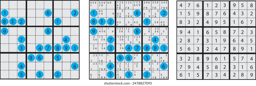 Dificulity Medium Sudoku game set with supporting answers. Simple vector design.