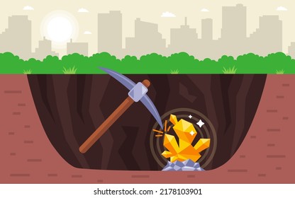 dig a big hole and find a gold nugget. searching for gold underground. flat vector illustration.