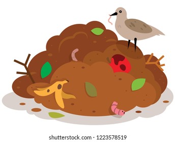 Dig of Compost food and leaf with worm and bird on a white background vector illustration