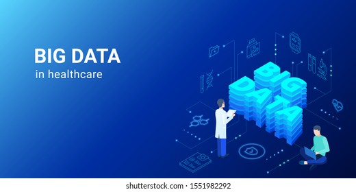 Dig Data In Healthcare - Electronic Health Data Sets. The Inscription Big Data In Isometric.