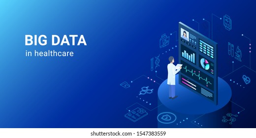 Dig Data In Healthcare - Electronic Medicine, Doctor In Medical Center - Vector
