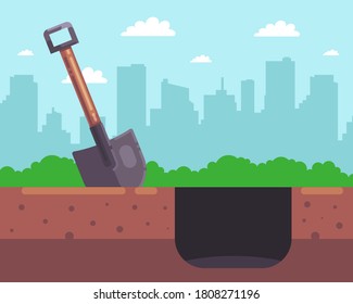 dig a deep hole with a wooden shovel on the background of the city. flat vector illustration