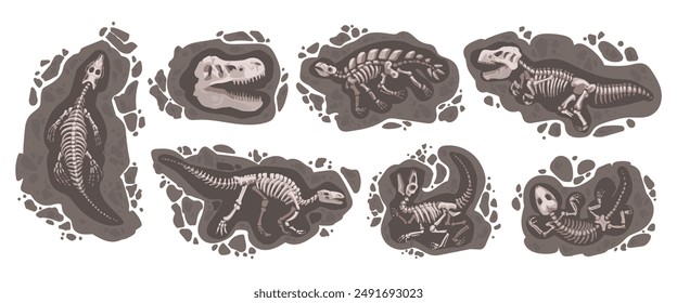 Dig dinosaur. Archeology stone. Dino skeleton. Cartoon education about animal. Earth digging. Tyrannosaurus skull. Ground excavation. Geology research. Old rock. Vector paleontological elements set