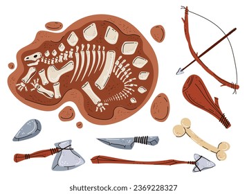 Dig exploration archeology search tools excavation isolated set. Vector flat graphic design illustration