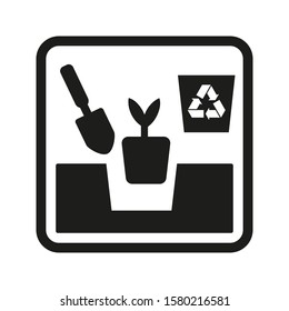 Dig a hole process with used container, recycle symbol and garden trowel graphic. Transplanting plant vector icon to use in a plant care instructions, stickers, botanical posters.