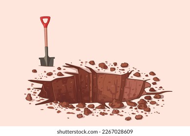 Dig a hole. Vector illustration. Drawing of a hole in the ground, stones and a shovel. Earthwork in the garden. Deep hole. Archeology and search. To plant a tree. Construction of a well for water