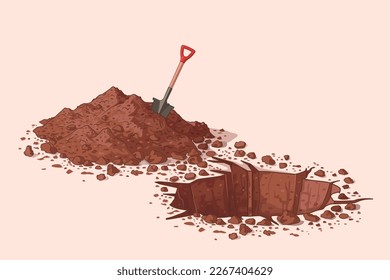 Dig a hole. Vector illustration. Drawing of a hole in the ground, a pile of soil, stones and a shovel. Excavation. Deep hole. Archeology and search. To plant a tree. Water well in the desert