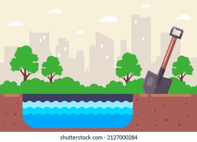 dig a hole with water. makeshift pond. flat vector illustration.