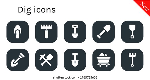 conjunto de iconos de dig. 10 iconos de cavación rellenados. Incluidos Iconos de Shovel, Rake, Mine