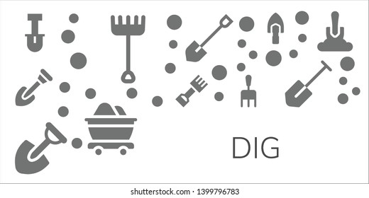dig icon set. 11 filled dig icons.  Collection Of - Shovel, Rake, Mine