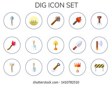 dig icon set. 15 flat dig icons.  Collection Of - shovel, axe, ruins, rake, under construction